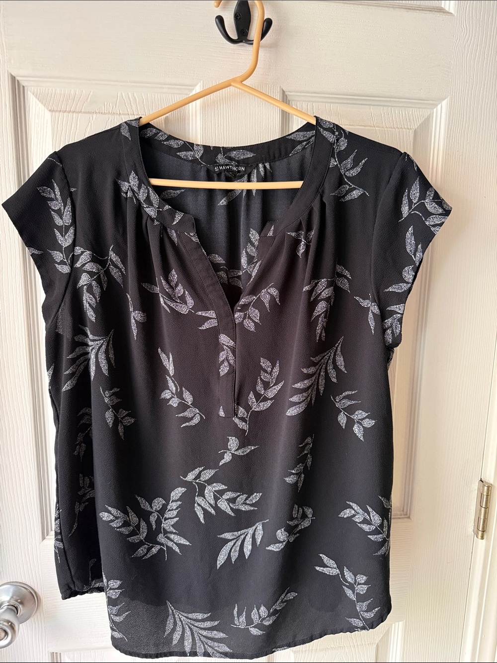 41 Hawthorn Black Blouse with silver/white Leaf Print